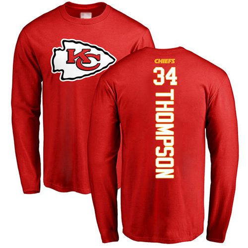 Men Kansas City Chiefs #34 Thompson Darwin Red Backer Long Sleeve T-Shirt->nfl t-shirts->Sports Accessory